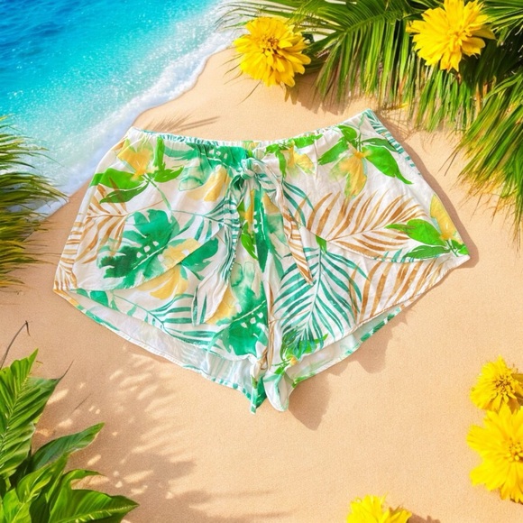 Gianni Bini White with Green/Yellow/Brown Tropical Print Shorts - Picture 3 of 15